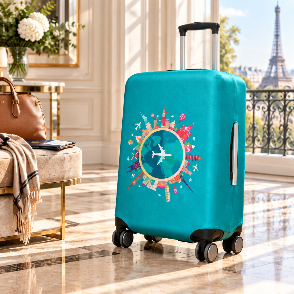 Valise turquoise protégée par une housse de voyage