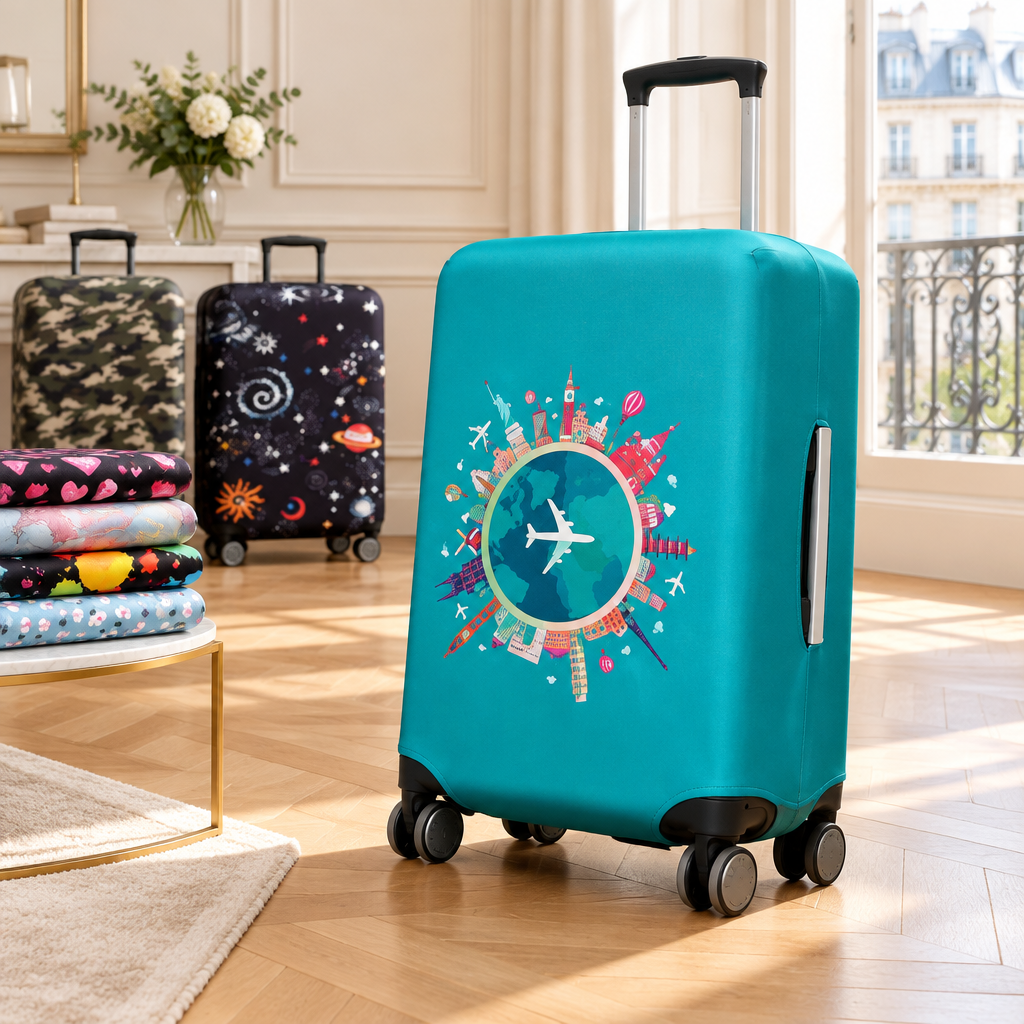 Valise turquoise portant une housse de protection